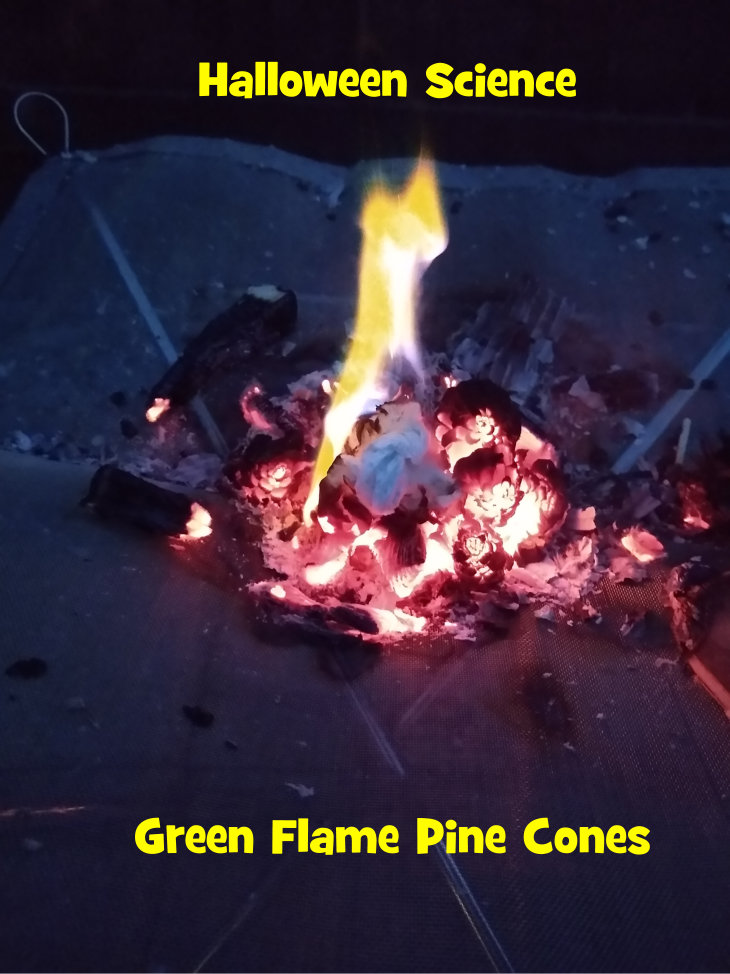 Burning pine cones with green flames